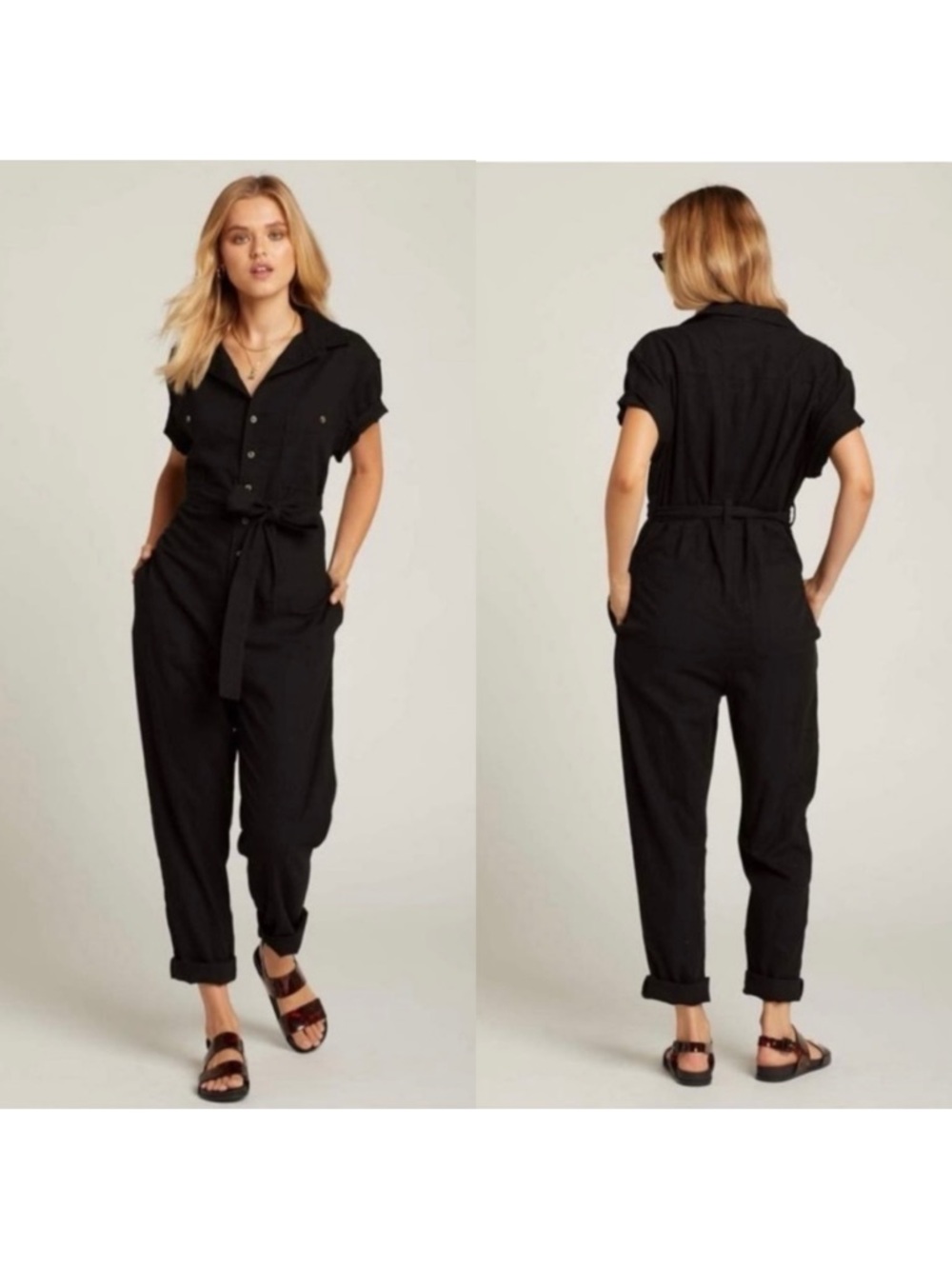 Rolla's Black Linen Button Up Short Sleeve Utility Jumpsuit Boilersuit Slouchy